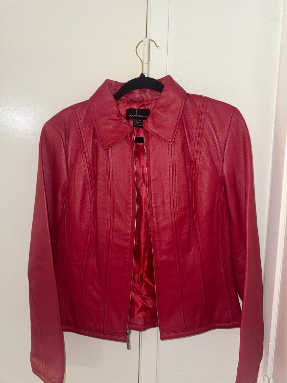 Moda International Red 100% Leather Zip-Front Jacket